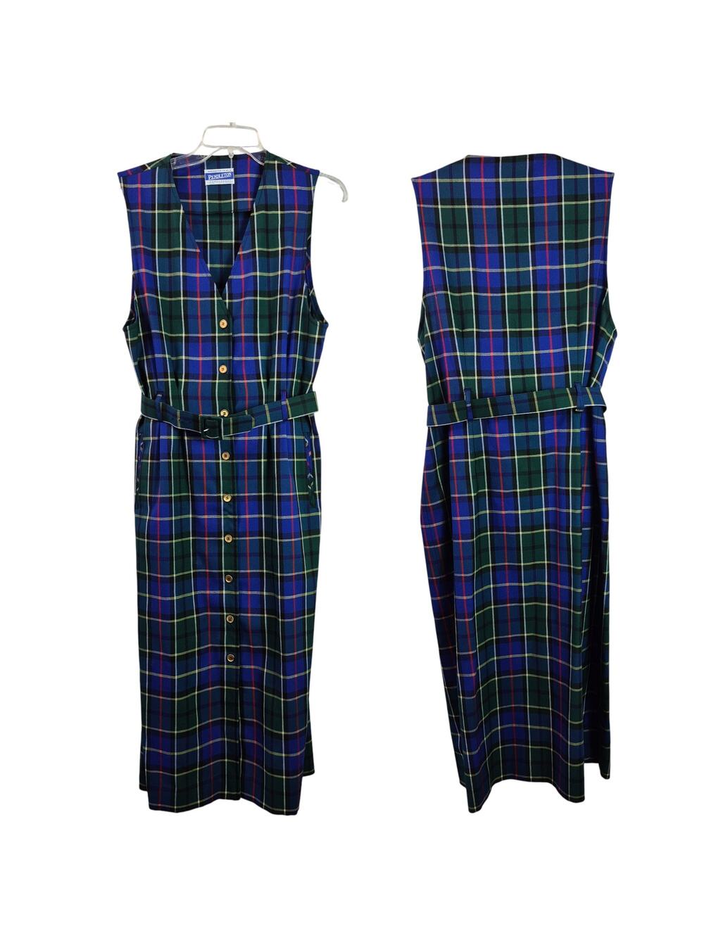 Pendleton Knockabout Wool Blue Green Plaid Vintage USA Button Up Belted Dress 8